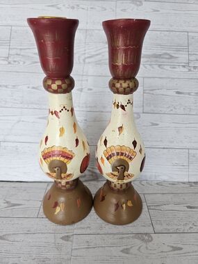 VTG Kathy Hatch NCE Thanksgiving Turkey Wooden Taper Candle Holders Pair (2)